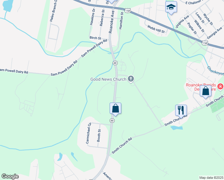 map of restaurants, bars, coffee shops, grocery stores, and more near 289 Highway 48 in Roanoke Rapids