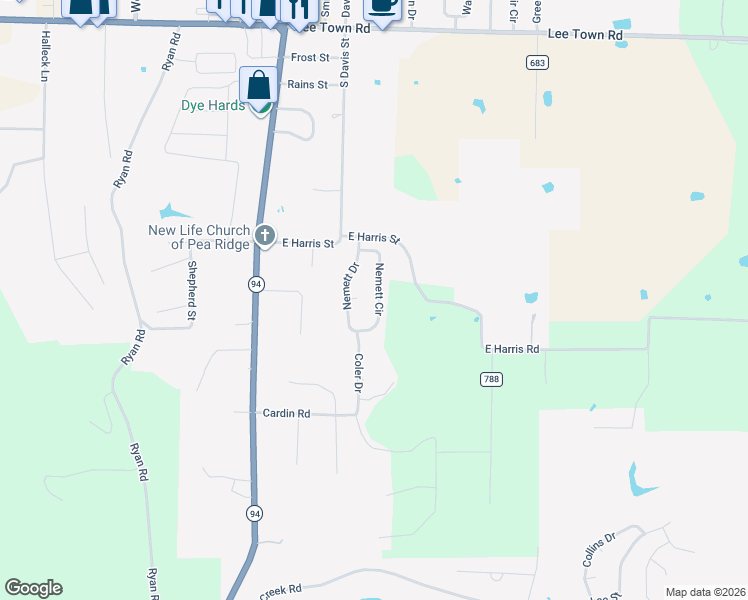 map of restaurants, bars, coffee shops, grocery stores, and more near 1205 Nemett Cir in Pea Ridge
