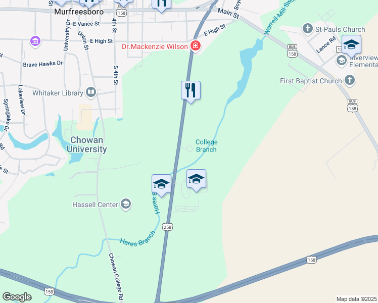 map of restaurants, bars, coffee shops, grocery stores, and more near 100 Fox Ridge Circle in Murfreesboro