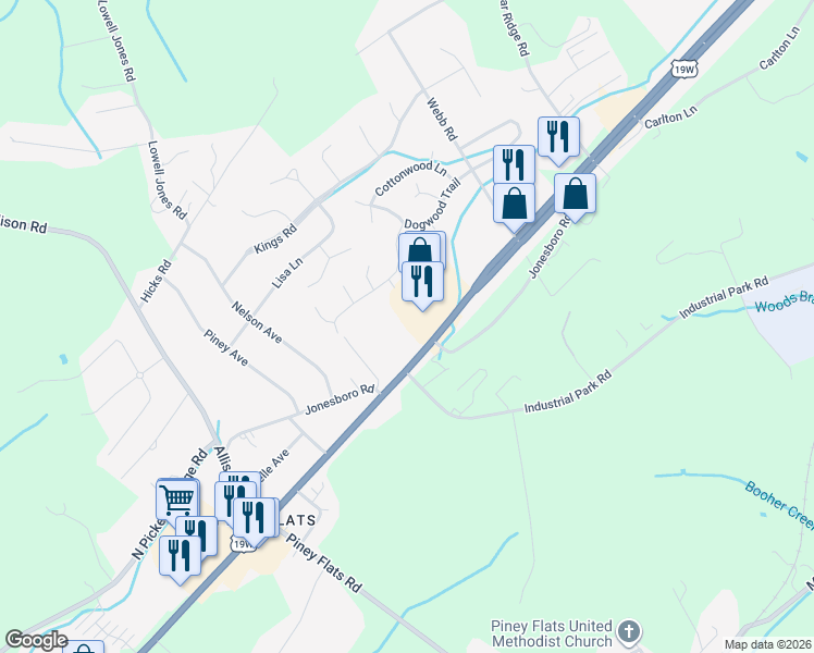 map of restaurants, bars, coffee shops, grocery stores, and more near 5720 Highway 11 East in Piney Flats