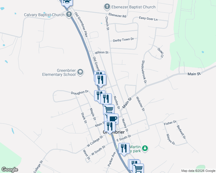 map of restaurants, bars, coffee shops, grocery stores, and more near 302 Phelps Street in Greenbrier