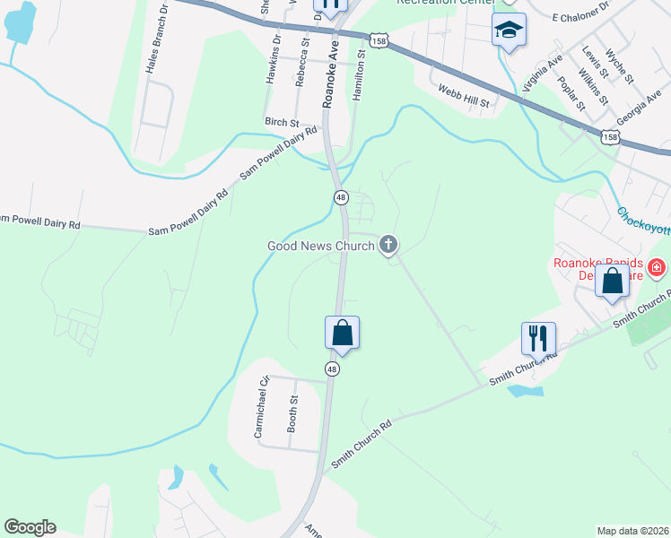 map of restaurants, bars, coffee shops, grocery stores, and more near 644 North Carolina 48 in Roanoke Rapids
