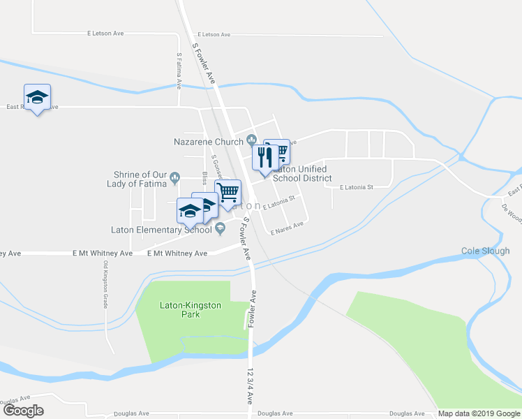 map of restaurants, bars, coffee shops, grocery stores, and more near 6257 East Latonia Street in Laton