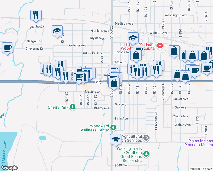 map of restaurants, bars, coffee shops, grocery stores, and more near 2201-2275 Oklahoma Ave in Woodward