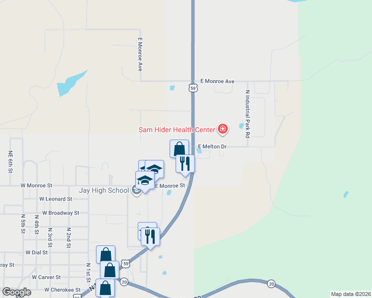 map of restaurants, bars, coffee shops, grocery stores, and more near 1103 East Melton Drive in Jay