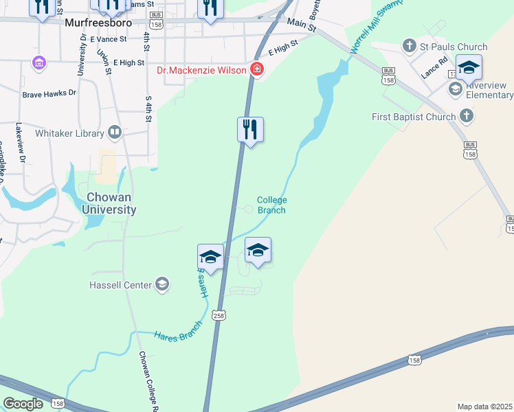 map of restaurants, bars, coffee shops, grocery stores, and more near 100 Fox Ridge Circle in Murfreesboro