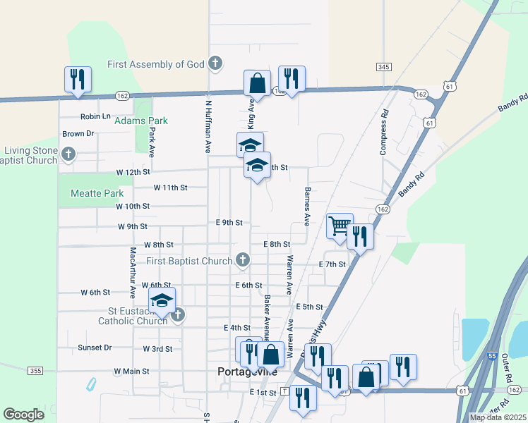 map of restaurants, bars, coffee shops, grocery stores, and more near 902 King Avenue in Portageville