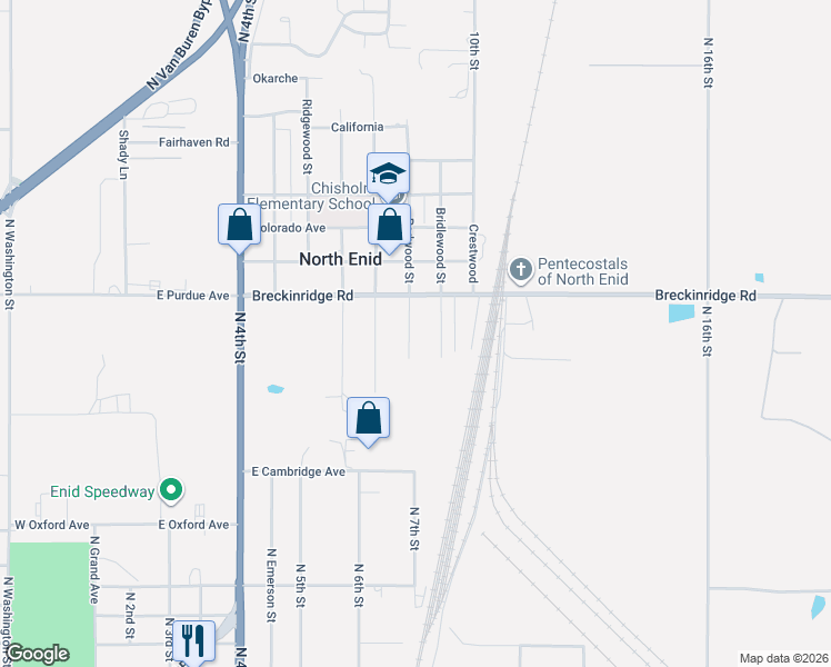 map of restaurants, bars, coffee shops, grocery stores, and more near 89 Redwood Street in Enid