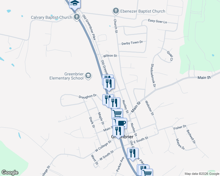 map of restaurants, bars, coffee shops, grocery stores, and more near 2643 U.S. 41 in Greenbrier