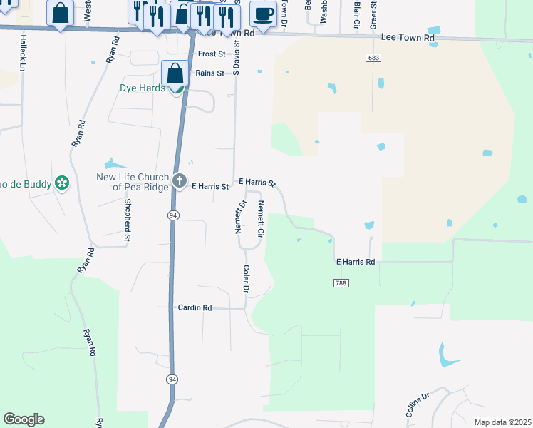 map of restaurants, bars, coffee shops, grocery stores, and more near 1020 Nemett Circle in Pea Ridge