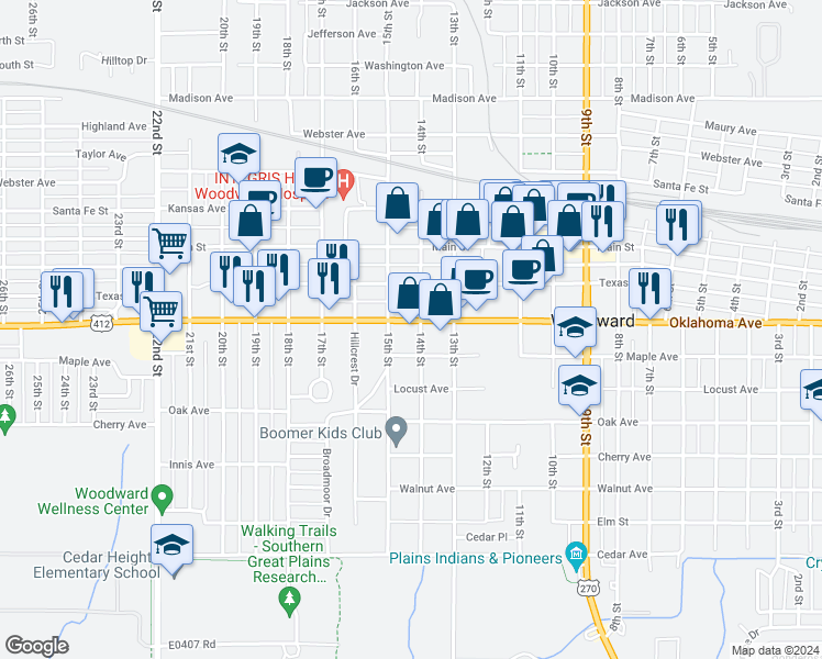 map of restaurants, bars, coffee shops, grocery stores, and more near 1417 Oklahoma Avenue in Woodward