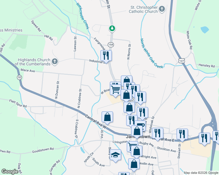 map of restaurants, bars, coffee shops, grocery stores, and more near 204 West Briar Avenue in Jamestown