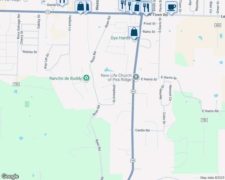map of restaurants, bars, coffee shops, grocery stores, and more near 1003 Shepherd Street in Pea Ridge