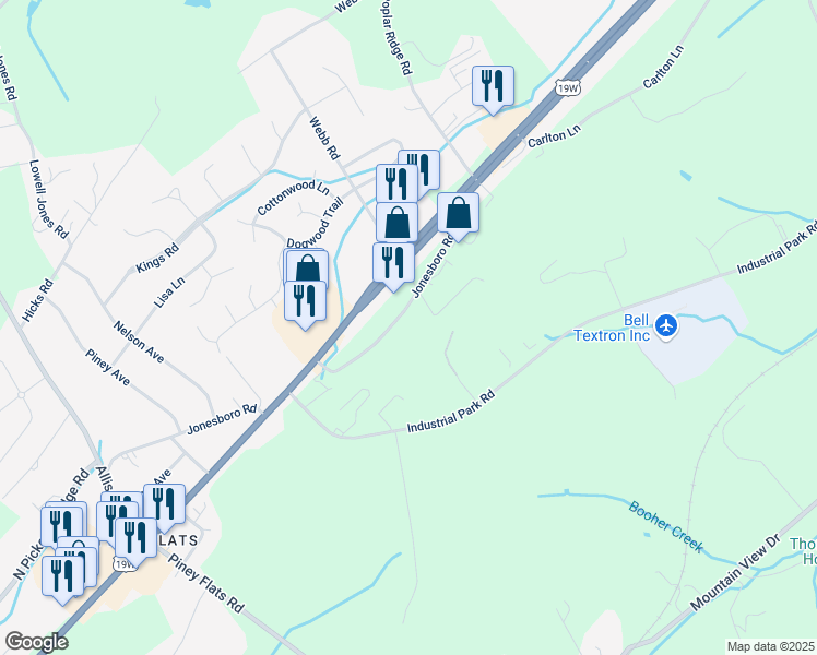 map of restaurants, bars, coffee shops, grocery stores, and more near 197 Jonesboro Road in Piney Flats