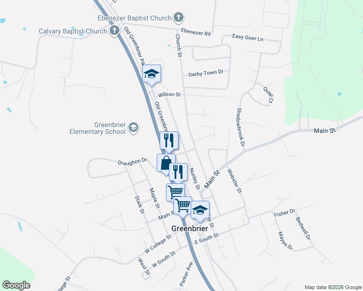 map of restaurants, bars, coffee shops, grocery stores, and more near 302 Phelps Street in Greenbrier