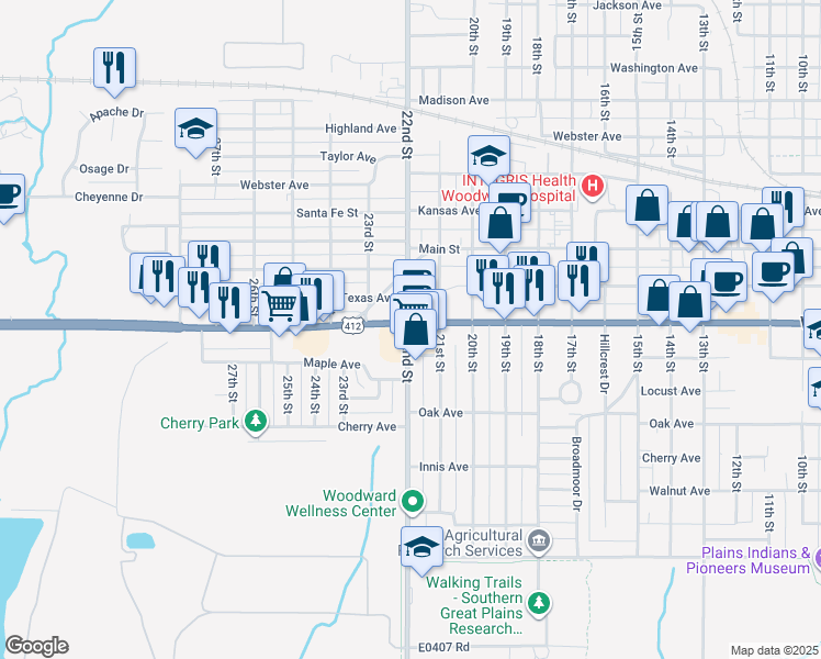 map of restaurants, bars, coffee shops, grocery stores, and more near 2201 Oklahoma Avenue in Woodward