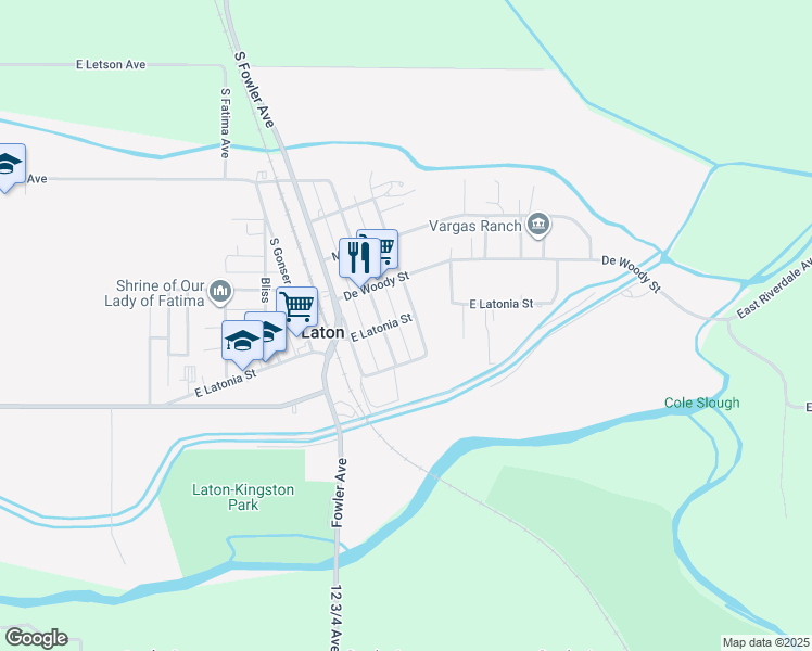 map of restaurants, bars, coffee shops, grocery stores, and more near 6381 East Latonia Street in Laton