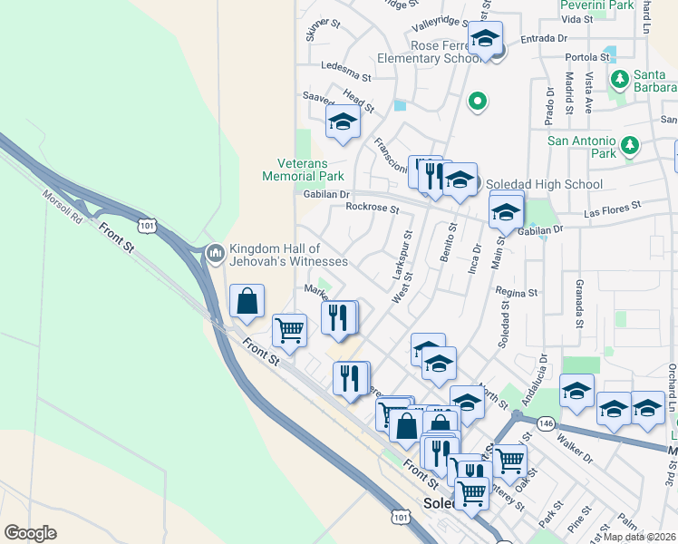 map of restaurants, bars, coffee shops, grocery stores, and more near 573 Viejo Gabriel in Soledad