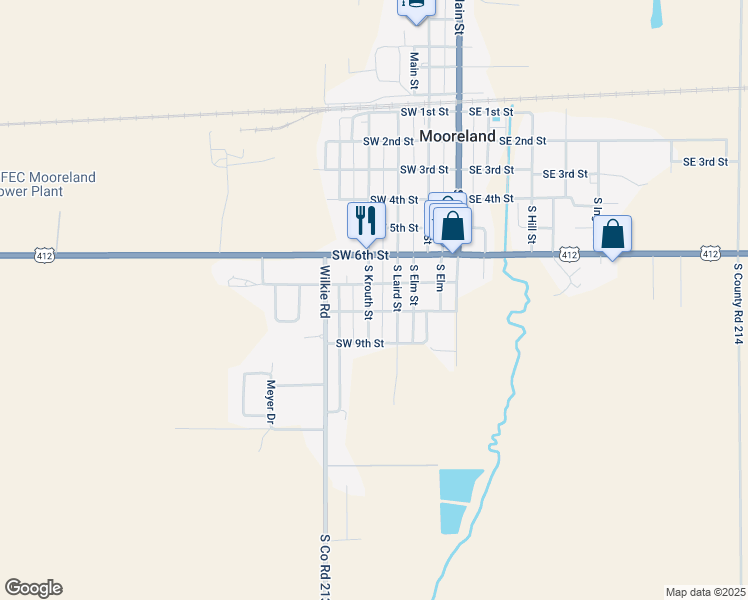 map of restaurants, bars, coffee shops, grocery stores, and more near 712 South Krouth Street in Mooreland