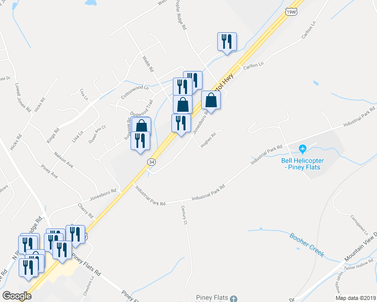 map of restaurants, bars, coffee shops, grocery stores, and more near 197 Jonesboro Road in Piney Flats