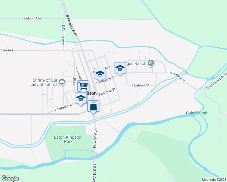 map of restaurants, bars, coffee shops, grocery stores, and more near 6381 East Latonia Street in Laton