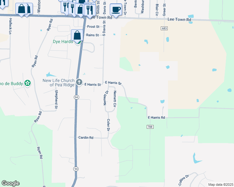 map of restaurants, bars, coffee shops, grocery stores, and more near 1020 Nemett Circle in Pea Ridge