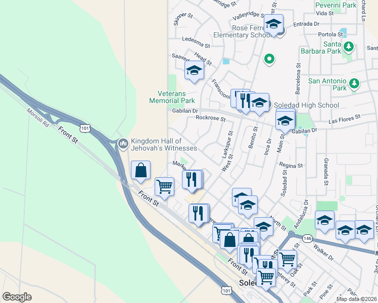 map of restaurants, bars, coffee shops, grocery stores, and more near 573 Viejo Gabriel in Soledad
