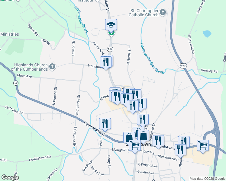 map of restaurants, bars, coffee shops, grocery stores, and more near 204 West Briar Avenue in Jamestown