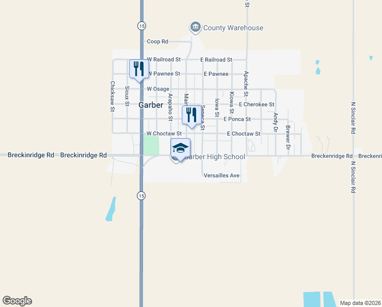 map of restaurants, bars, coffee shops, grocery stores, and more near 104 East Garber Road in Garber