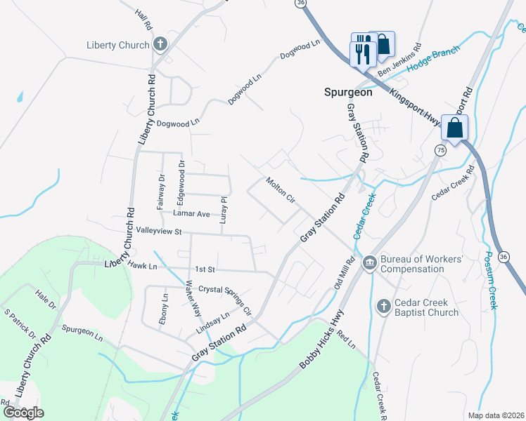 map of restaurants, bars, coffee shops, grocery stores, and more near 102 Snowden Court in Gray