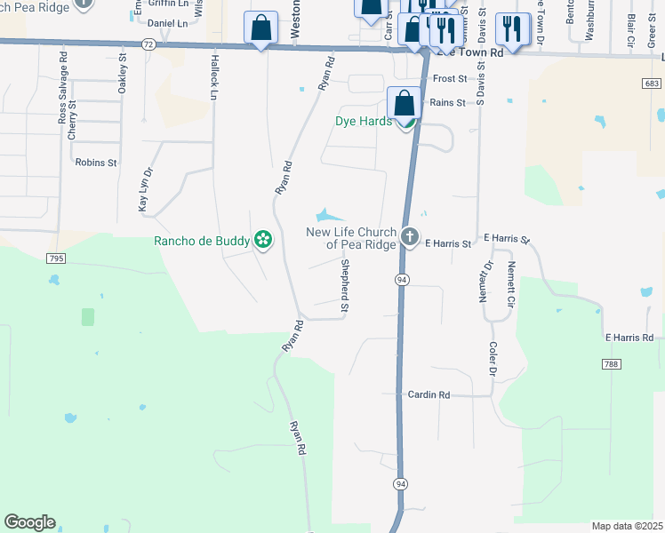 map of restaurants, bars, coffee shops, grocery stores, and more near 1003 Shepherd Street in Pea Ridge