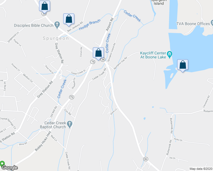map of restaurants, bars, coffee shops, grocery stores, and more near 6315 Tennessee 36 in Johnson City