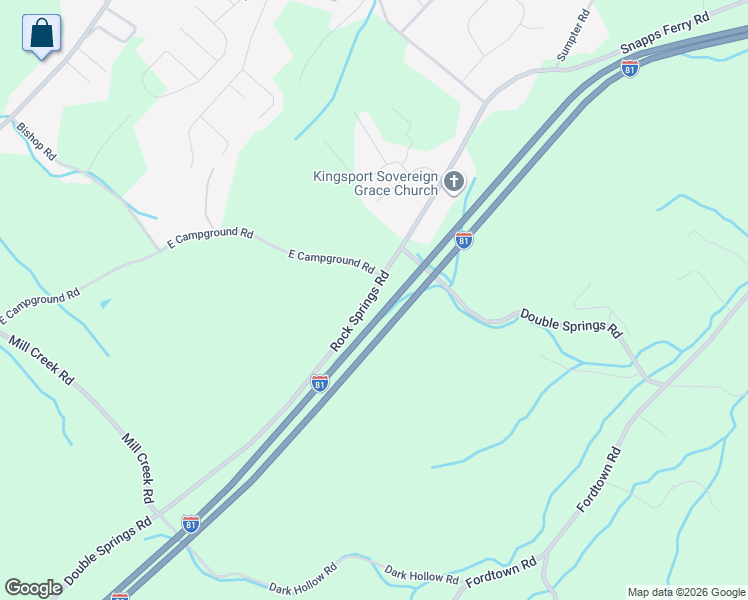 map of restaurants, bars, coffee shops, grocery stores, and more near 2839 Rock Springs Road in Kingsport