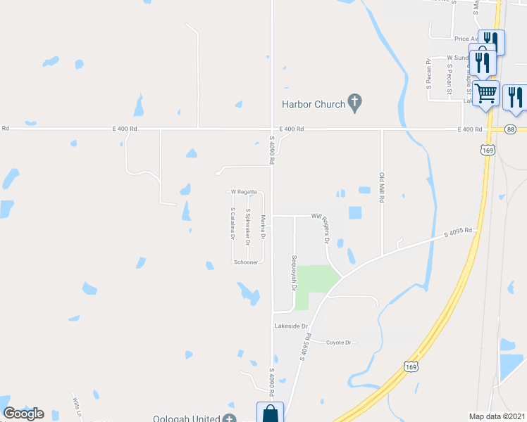 map of restaurants, bars, coffee shops, grocery stores, and more near 1104 Marina Drive in Oologah