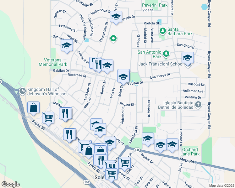 map of restaurants, bars, coffee shops, grocery stores, and more near 641 Main Street in Soledad