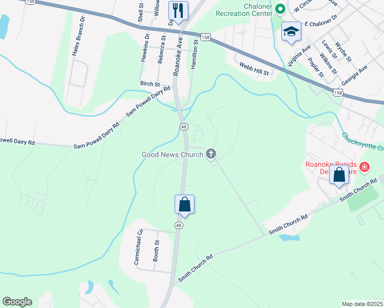 map of restaurants, bars, coffee shops, grocery stores, and more near 289 North Carolina 48 in Roanoke Rapids