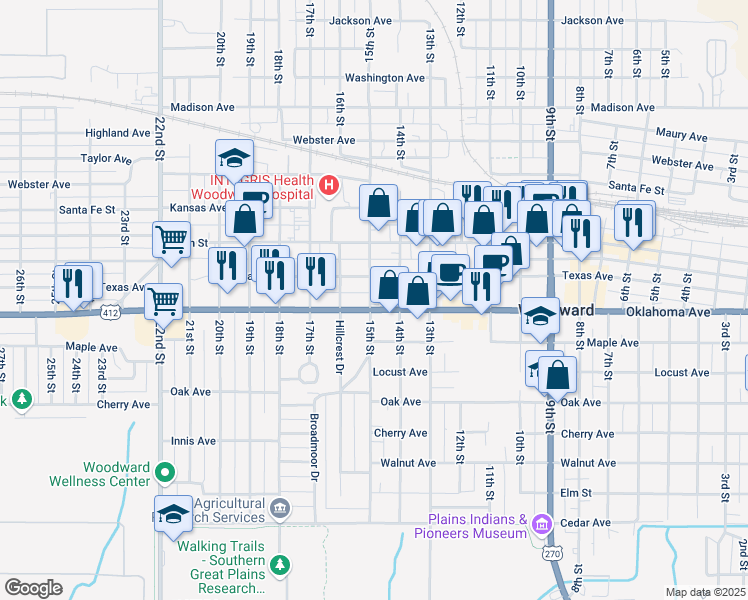 map of restaurants, bars, coffee shops, grocery stores, and more near 1417 Oklahoma Avenue in Woodward