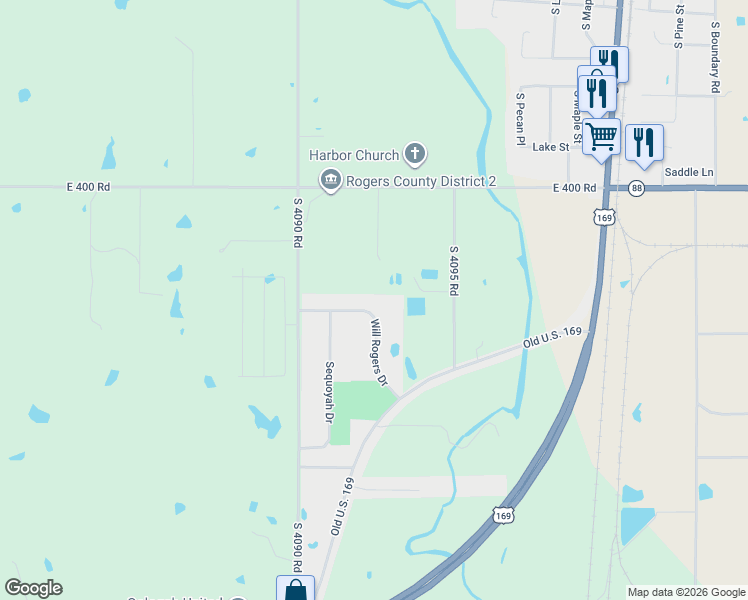map of restaurants, bars, coffee shops, grocery stores, and more near 882 Will Rogers Drive in Oologah