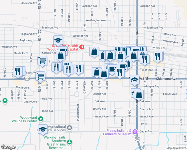 map of restaurants, bars, coffee shops, grocery stores, and more near 1417 Oklahoma Avenue in Woodward