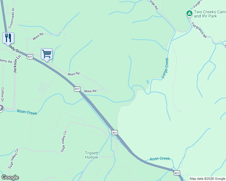 map of restaurants, bars, coffee shops, grocery stores, and more near 805 Rhea Road in Mountain City