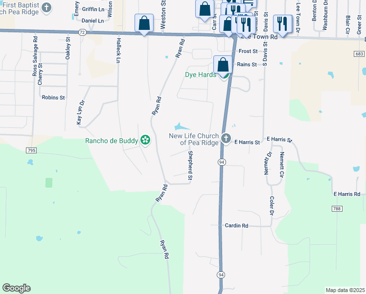 map of restaurants, bars, coffee shops, grocery stores, and more near 304 Harris Street in Pea Ridge