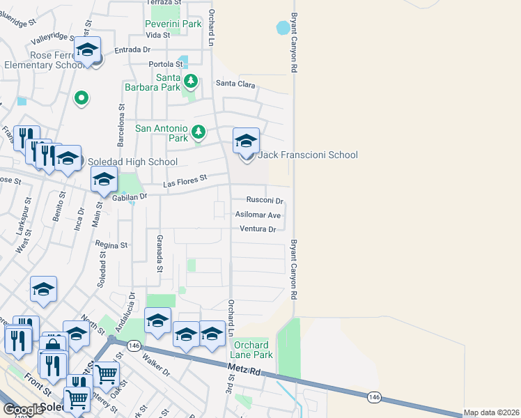 map of restaurants, bars, coffee shops, grocery stores, and more near 637 Rusconi Drive in Soledad