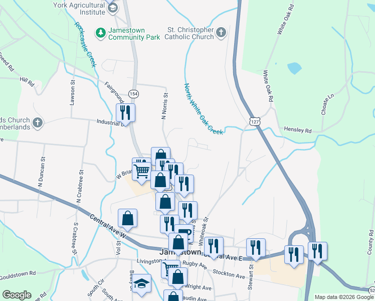 map of restaurants, bars, coffee shops, grocery stores, and more near 220 Chapman Road in Jamestown