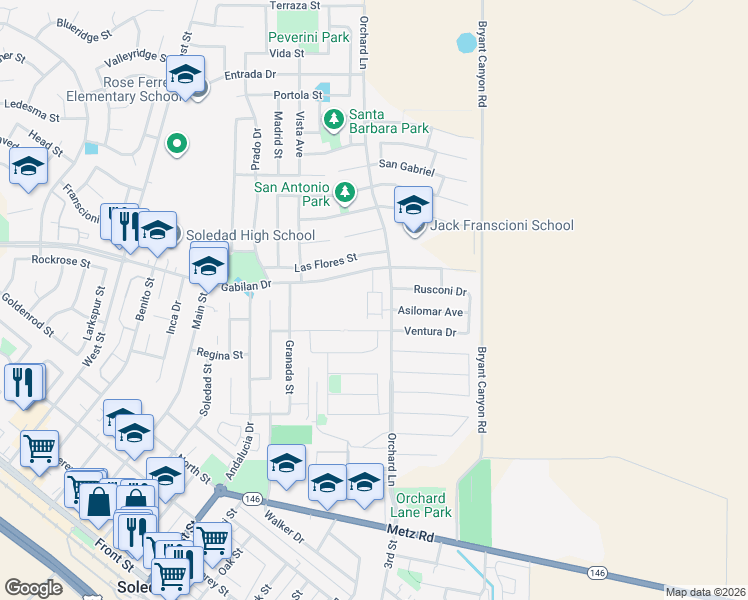 map of restaurants, bars, coffee shops, grocery stores, and more near 730 San Pedro Way in Soledad