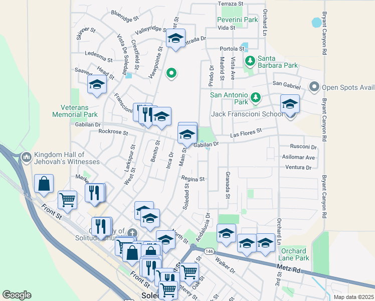 map of restaurants, bars, coffee shops, grocery stores, and more near 690 Main Street in Soledad
