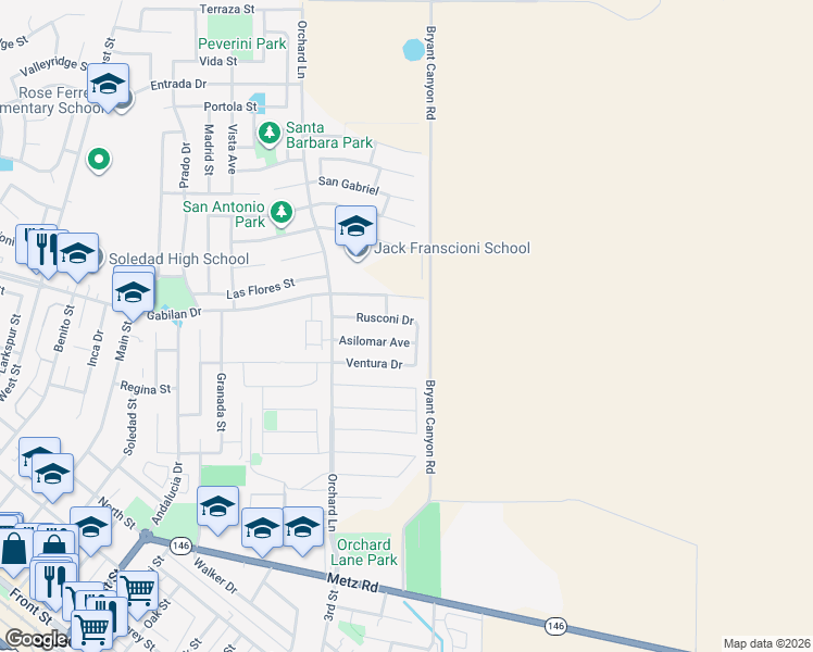 map of restaurants, bars, coffee shops, grocery stores, and more near 725 Rusconi Drive in Soledad