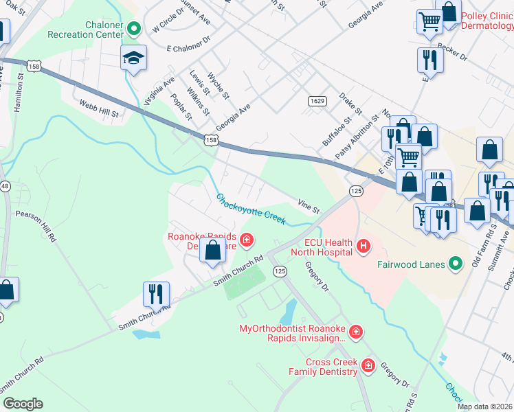 map of restaurants, bars, coffee shops, grocery stores, and more near 114 Prince Street in Roanoke Rapids