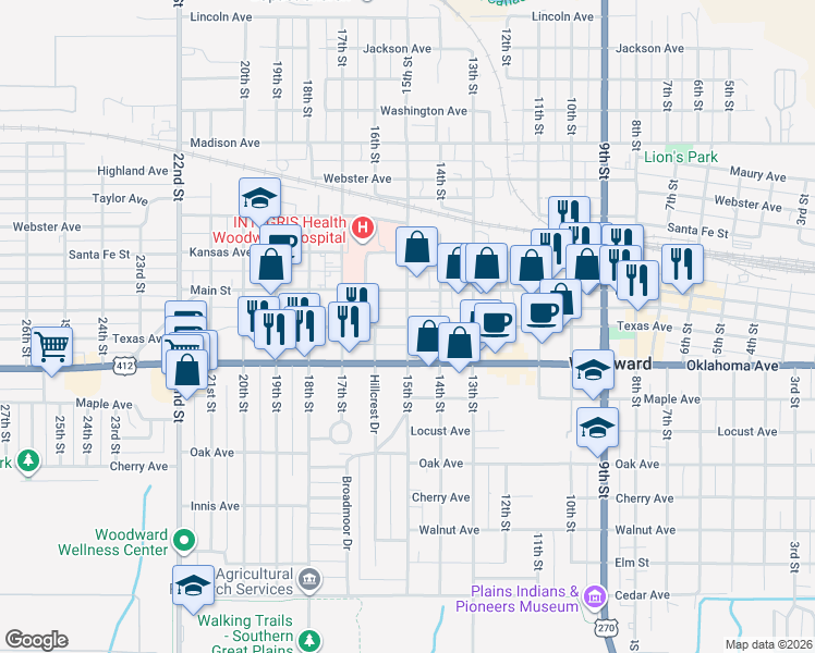 map of restaurants, bars, coffee shops, grocery stores, and more near 1198 15th Street in Woodward