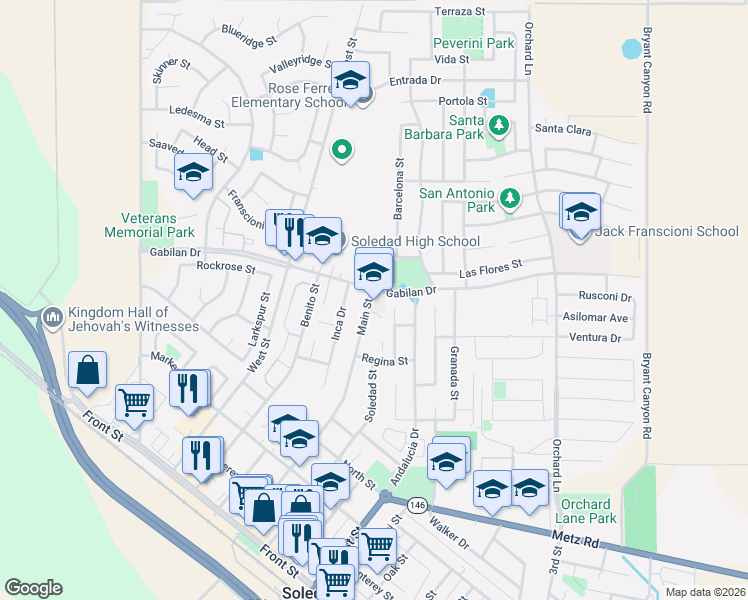 map of restaurants, bars, coffee shops, grocery stores, and more near 690 Main Street in Soledad
