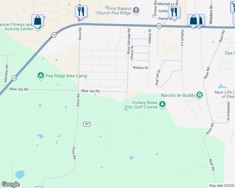 map of restaurants, bars, coffee shops, grocery stores, and more near 11001 Blue Jay Road in Pea Ridge